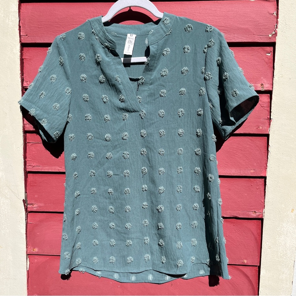 Blooming Jelly | Tufted Polkadot Short Sleeve Blouse | Sage Green | size Small